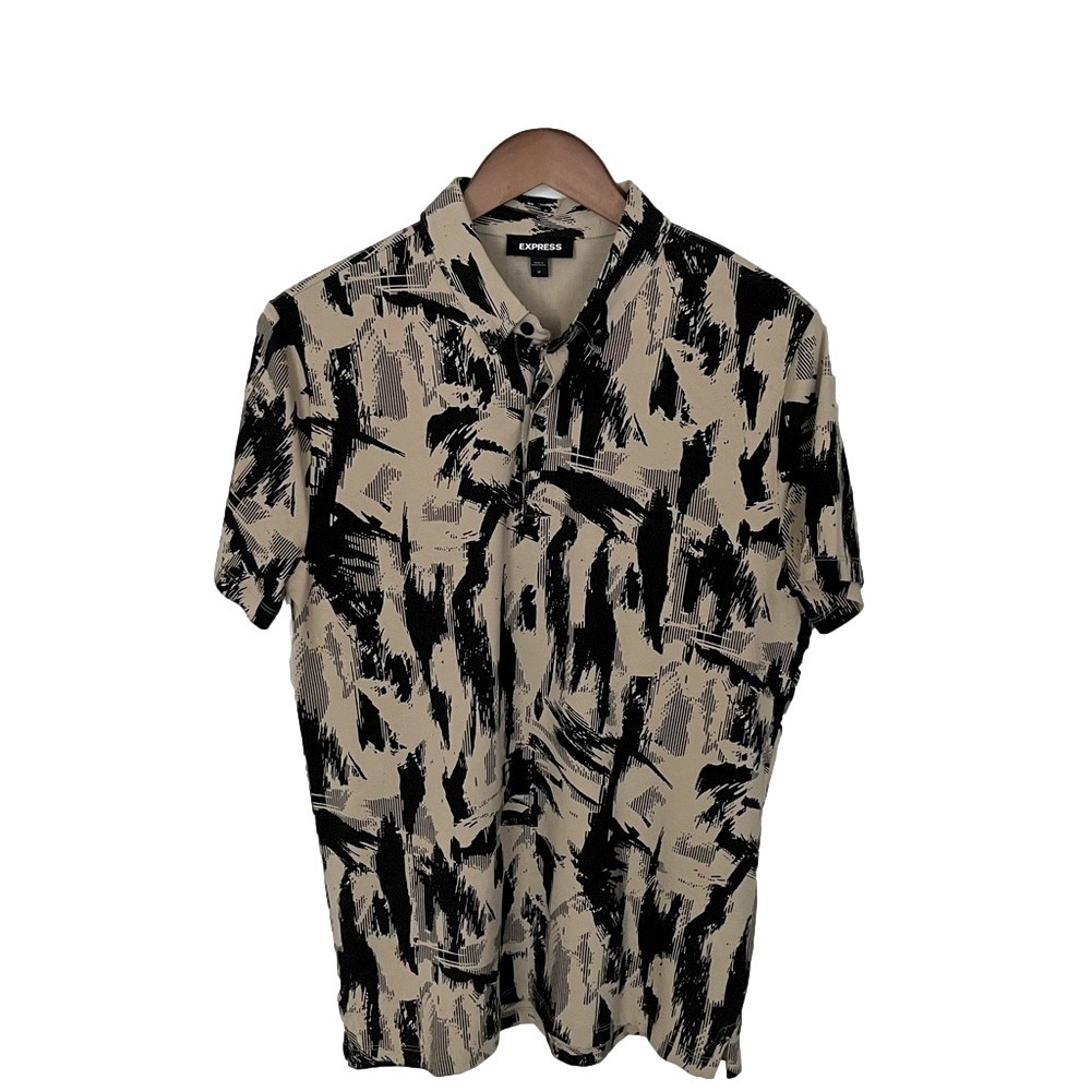 EXPRESS MEN'S BLACK KHAKI ABSTRACT SUPERSOFT MOISTURE WICKING POLO - SIZE MEDIUM